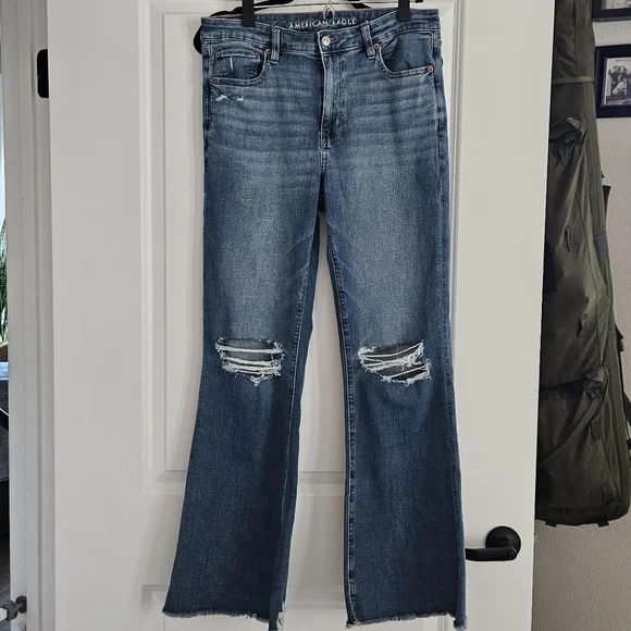 American Eagle Outfitters Women's Distressed Super High-Rise Flared Jeans - Picture 5 of 5